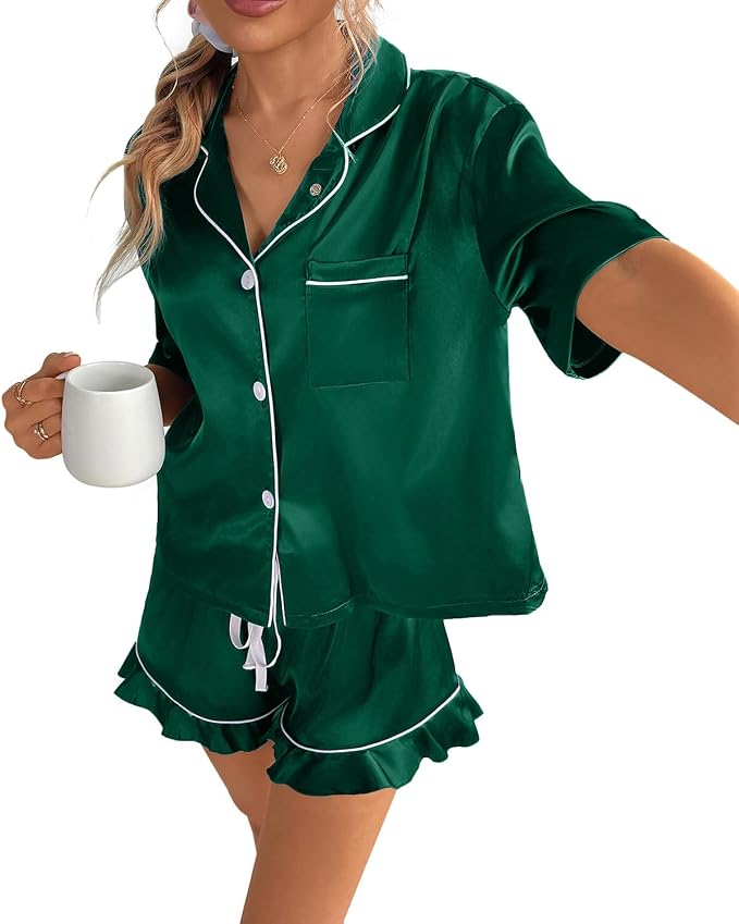 CHYRII Women's Silk Satin Pajamas Two Piece Pj Sets Short Sleeve Tops Ruffled Shorts Sleepwear with Magnetic Diffuser