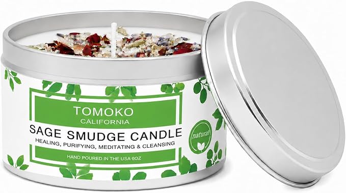 TOMOKO White Sage Candle, Sage Leaf, Rose, Lavender, Himalayan Salt & Essential Oil