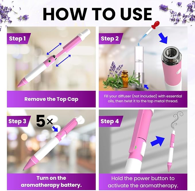 Aromatherapy Writing Pen Battery with Real Ink Tip and Hidden Diffuser Port, Soft Touch Ballpoint for Note Taking, Signature, and On-The-Go Relaxation, Rechargeable Wellness Gift for Office (Pink)