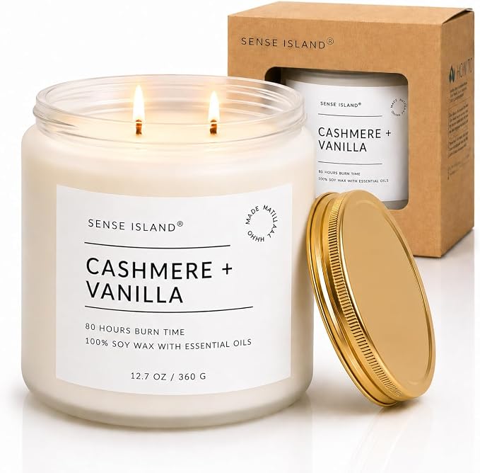 Cashmere Vanilla Large 12.7 OZ Scented Candle for Home Scented 80 Hrs Highly Scented Creamy Velvet Vanilla Cashmere | 100% Natural Soy Candle Gifts for Women Vanilla Candles for Cozy Home