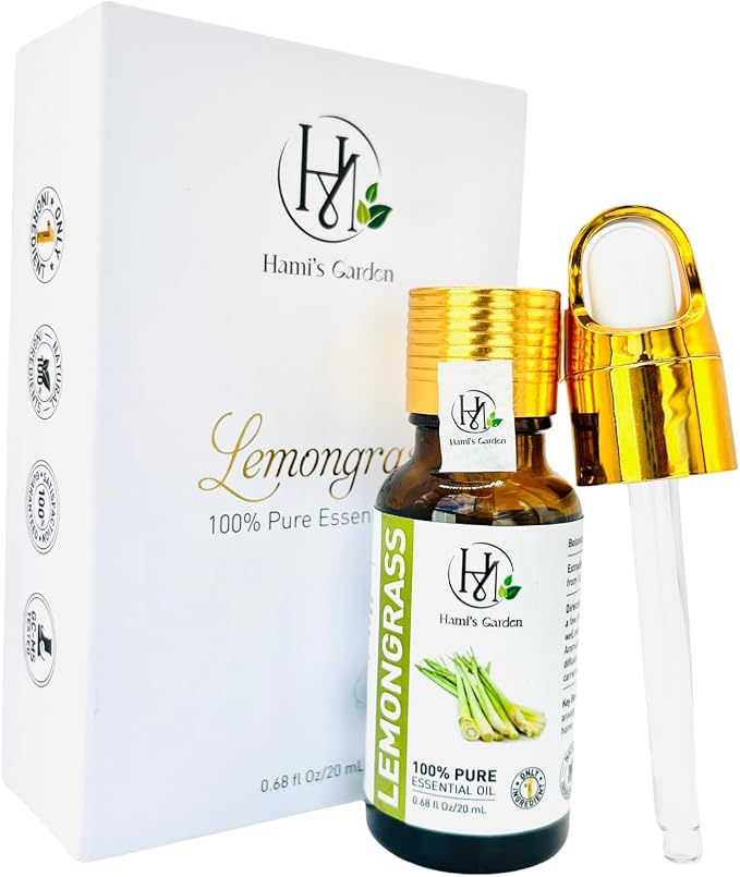 Hami’s Garden Lemongrass Essential Oil – 0.68 fl Oz/20 mL – 100% Pure and Natural – Premium Grade with Glass Dropper - for Diffusers, Home Care, Soap Making.