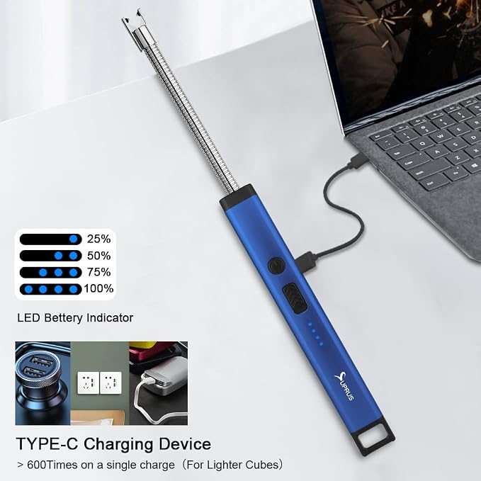 SUPRUS Rechargeable Candle Lighter Electric Arc Triple Safety Long Lighter Stainless Steel Shell & Hanging Hook (Blue)