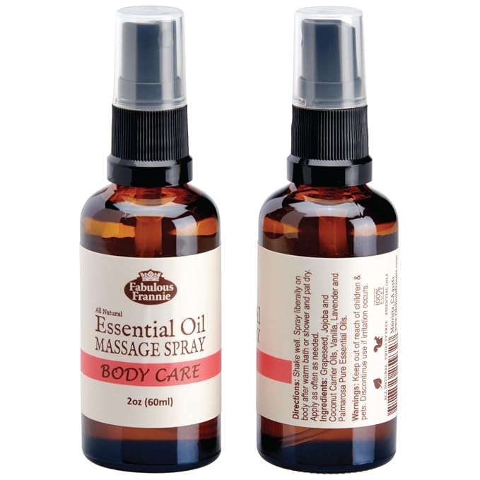 Fabulous Frannie Body Care Healthy Massage Spritz made with Grapeseed, Apricot, Avocado, Coconut Carrier Oil, Vanilla and Palmarosa Essential Oils 2oz
