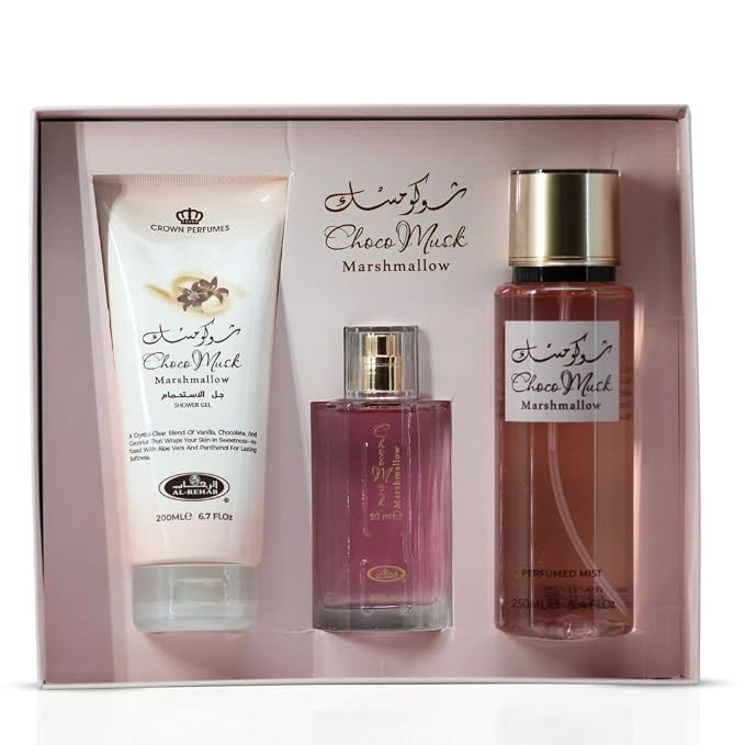 Al-Rehab Choco Musk Marshmallow 3-Piece Gift Set – Eau de Parfum 50ml + Shower Gel 200ml + Body Mist 250ml – Sweet Strawberry & Marshmallow Unisex Collection