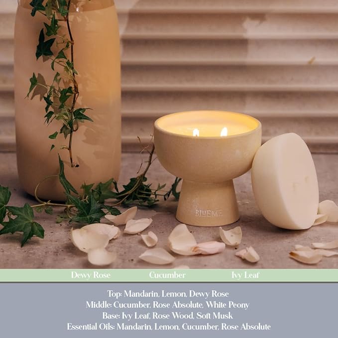 Blueme Renew Candle | Ivy & Rose | 2 Wick - Refillable Wellness Candle with Essential Oils, Hand Finished & Poured Soy Wax Blend Ceramic Vessel, Natural Cotton Wicks | Medium 12 oz