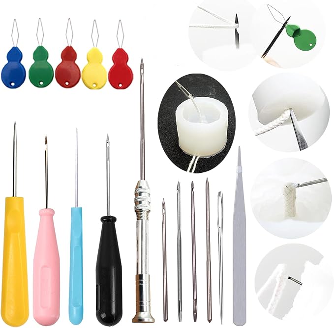 TYMKLMZG 16 PCS Silicone Mould Hand Drill Adjustable Long Needle Punch Wicking Needle Tools Candle Mold Punch Tool with Hook & Eye Candlewick Inserting Tool Tweezers Threader for Candle Making