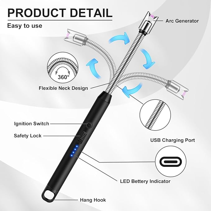 LcFun Candle Lighter with 360° Flexible Neck & Safety Lock, Windproof USB Rechargeable Electric Lighter Gift Sets, Flameless Arc Long Lighters Matches for Grill, BBQ, Camping, Fireplace, Stove