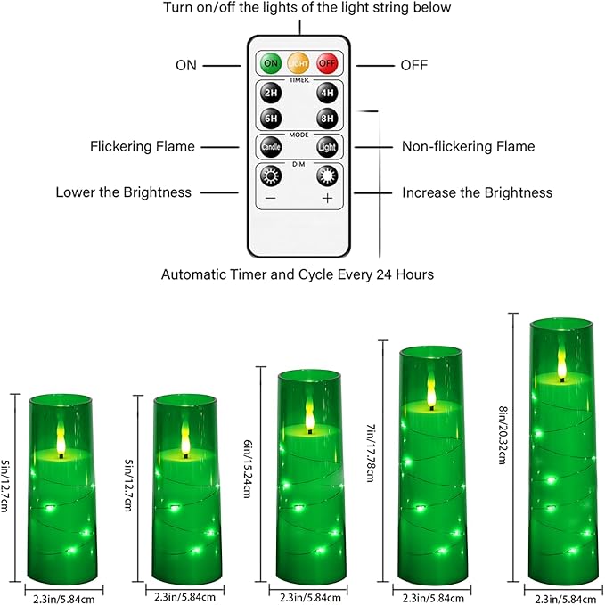 kakoya Flameless LED Candles with Timer 5 Pc Flickering Flameless Candles for Romantic Ambiance and Home Decoration Stable Acrylic Shell,with Embedded Star String，Battery Operated Candles（Green）