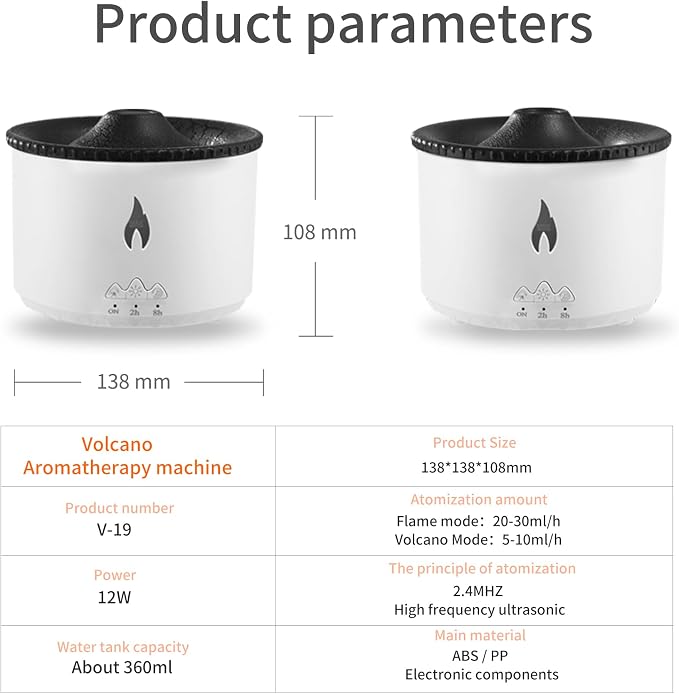 BOHOFAM Essential Oil Diffuser 360ML,Volcano and Flame Diffuser/Humidifier 2 Mode,Diffusers for Home with 7 Colorful Light,Included 4 Hotel Collection Diffuser Oil for Bedroom(White Translucent)