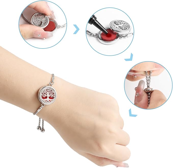Essential Oil Diffuser Bracelet Aromatherapy Locket Adjustable Stainless Steel Tree of Life Bracelet with 10 Pcs Refill Pads for Women Girls
