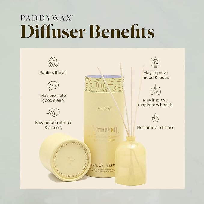 Paddywax Petite Reed Diffuser Set with Wooden Reeds, 720 Hour Long Lasting Home Fragrance Oil Diffuser, Decorative Milky Glass Bottle, Meyer Lemon Scent, Yellow, 1.5 oz