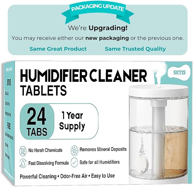 Skyis Humidifier Cleaning Tablets & Descaler 24 Pack, Removes Hard Water Scale, Mineral Deposits, White Dust, Demineralization Cleaner for Levoit, Vicks, Dyson, Dreo Humidifiers