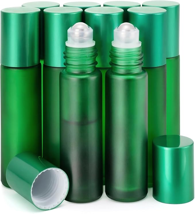 Kesell 10pcs Empty Roll on Glass Bottles, 10ml 1/3 Oz Essential Oil Roller Bottles with Stainless Steel Roller Balls, Refillable Small Perfume Vials for Travel - Green Color