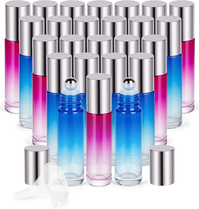 Worldgsb 25 Pack Essential Oil Roller Bottles, 10ml Refillable Glass Roller Bottles with Stainless Steel Roller Balls and Caps for Travel, Perfume and Lip Gloss Blue-Red Gradient