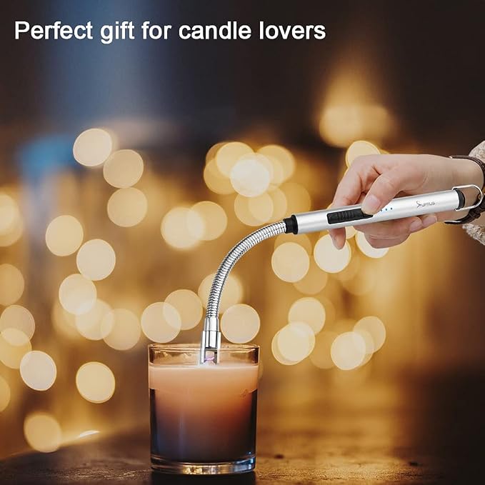 SUPRUS Electric Candle Lighter USB Type C Rechargeable Lighter Steel Shell & Hanging Hook with 360° Flexible Neck(Silver)