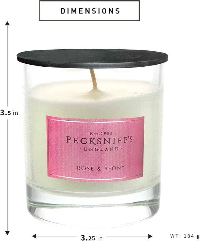 Pecksniffs White Scented Candle - Rose & Peony Fragrance Candles for Home Scented - Elegant Glass Vessel - 1 Wick Luxury Candles, 184g/6.49oz