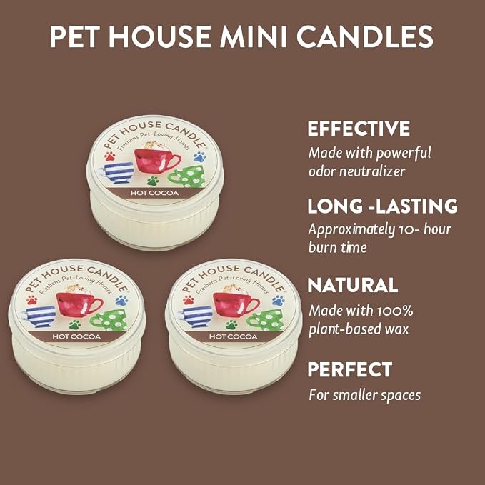 Pet House Mini Candles for Pet Odor Made with Natural Soy Wax, Plant Based, Dog and Cat Friendly Scented Candles, Hot Cocoa Pack of 3