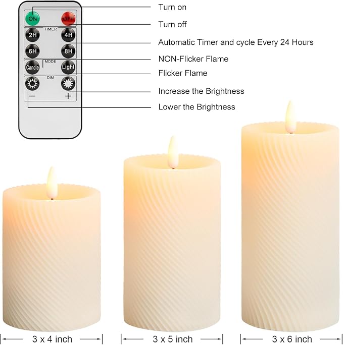 ANGELLOONG Flickering Flameless Candle with Remote, Real Wax Battery Operated Candles with Timer, Set of 3 Fake LED Electric Pillar Candles for Home Party Holiday Christmas Decor, Twill