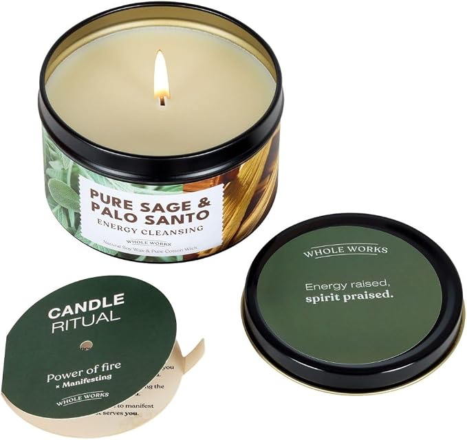 Premium Candle for Energy Cleansing – Natural Soy Wax Blend, Cotton Wick, Phthalate Free Scent, Scented Candles for Home Smudging, House Spiritual Protection, 6oz (Pure Sage & Palo Santo)