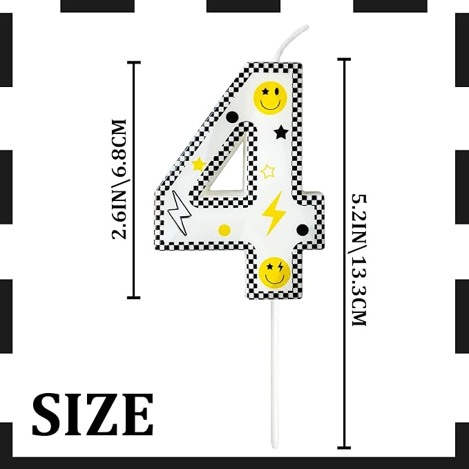 Number 4 Birthday Candle for Cake – 2.7 Inch Large Size Black White Checkered Smiley Design with Lightning & Star – four Happy Dude Theme Cake Topper Decoration
