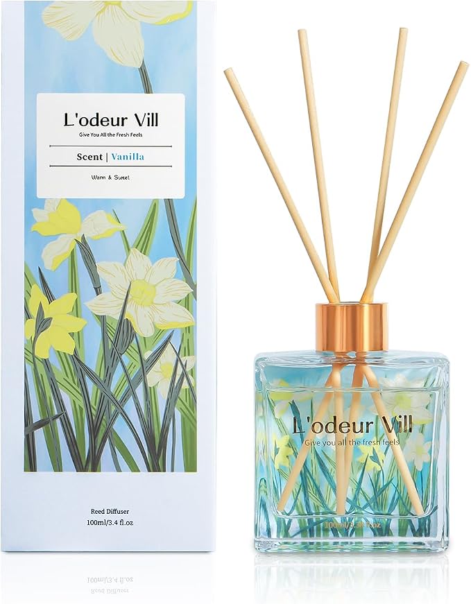 L'odeur Vill Reed Diffuser Set/Vanilla/3.38 fl.oz（100ML）/1 Pack with 6 Reed Sticks/Home Fragrance Diffuser, Oil Scent Diffuser for Bathroom Shelf Decor.