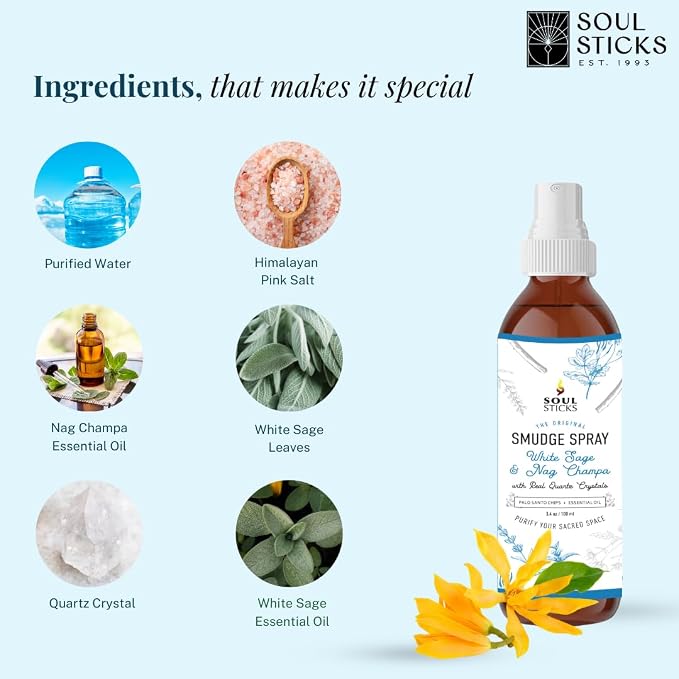 SOUL STICKS White Sage & Nag Champa Smudge Spray – 3.5oz Smokeless Cleansing Mist with Quartz Crystals – Spiritual Aromatherapy Spray for Meditation, Yoga, Home Energy Clearing & Relaxation