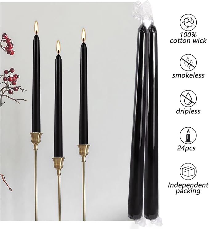 YOROXRG 24 Pack Black Taper Candles, 7-8 Hours Burn Time, Unscented, Smokeless and Dripless, 0.75 x 10 Inch Dinner Candle Set for Halloween, Household, Wedding, Party and Home Décor Candlesticks