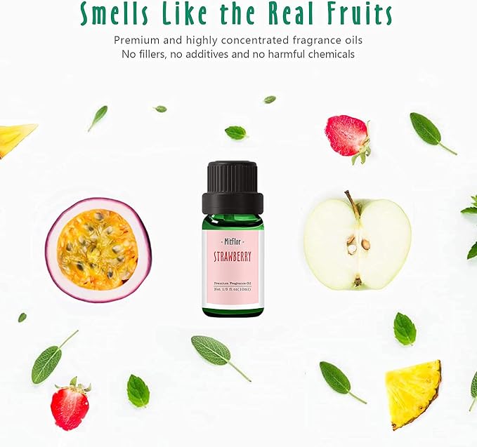 Fruit Essential Oils, MitFlor Premium Fragrance Oil for Candle Soap Making, 6x10ml, Summer Refreshing Diffuser Oil Scents, Guava, Strawberry, Passion Fruit, Apple, Fig, Pineapple