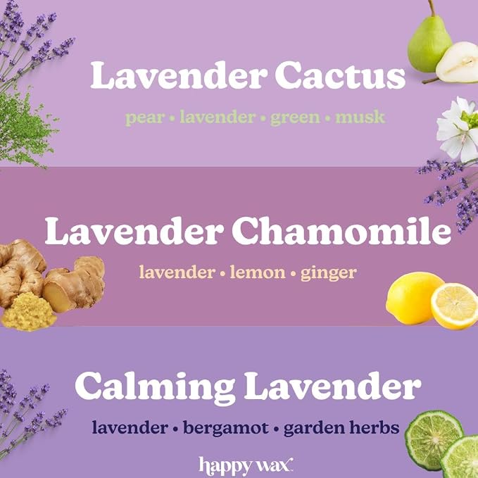 Happy Wax Lavender Lovers Collection Scented Natural, Non Toxic Soy Wax Melts – 6 Total Oz. - Includes: Lavender Cactus, Lavender Chamomile and Calming Lavender