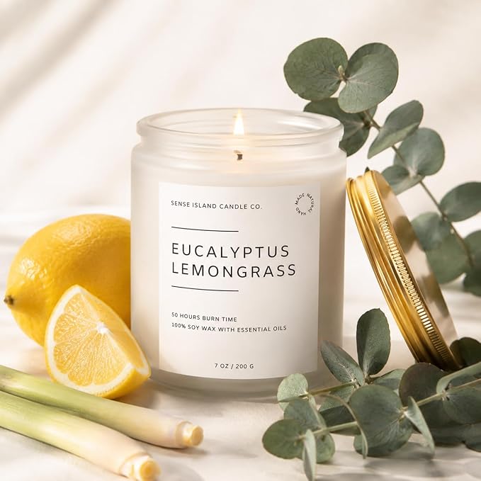 Eucalyptus Lemongrass Scented Candle with Citronella Essential Oil | Contains 6 Essential Oils | 50+ Hrs Long Lasting | Non-Toxic Soy Candle