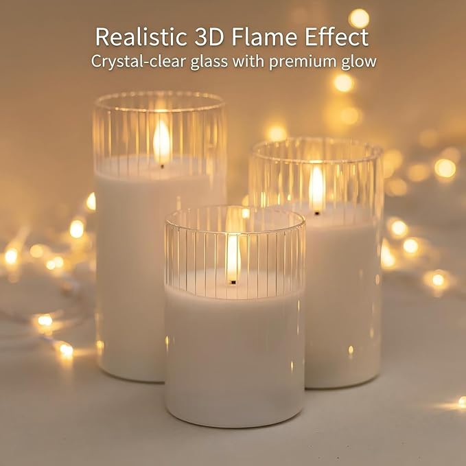 ANGELLOONG White Flameless Candles with Timer, Glass LED Pillar Candle with Remote, Set of 3 Battery Operated Candles for Bathtub Bathroom Coffee Table Decor