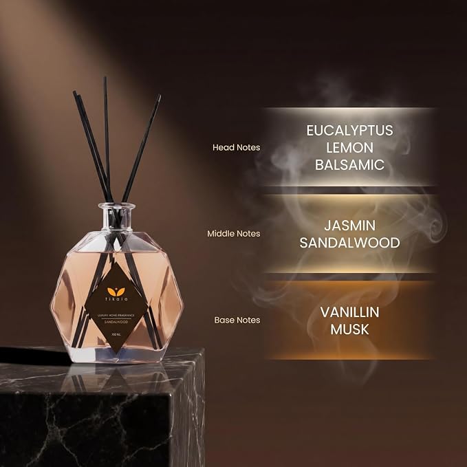 Luxury Reed Diffuser with Sandalwood Scent – Crystal Glass Bottle – Home Fragrance for Living Room, Bathroom & Office – 23.67 fl oz (700 ml)