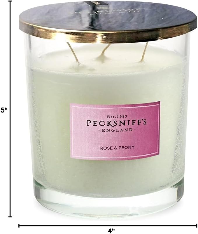 Pecksniffs White Scented Candle | Rose & Peony Fragrance Candles for Home Scented | Elegant Glass Vessel with Metal Lid | 3 Wicks Luxury Candles, 550g/19.4oz