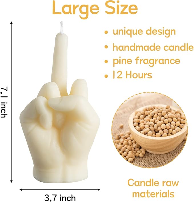 6sisc Middle Finger Scented Candle White Large Size Danish Pastel Room Decor Pine Aromatherapy Candle Long Lasting Natural Soy Wax Hand Gesture Fragrance Candlestick for Home Room Supplies 7.1” X 3.7”