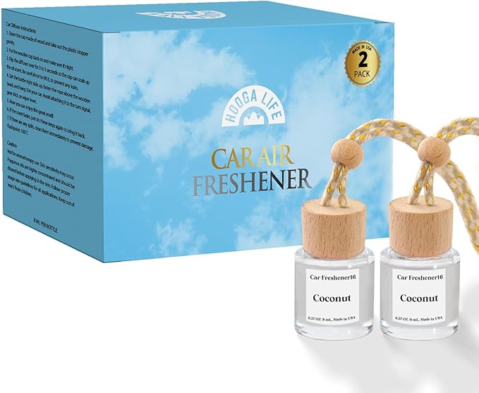 HoogaLife Car Air Freshener Diffuser 2 Pack Hanging Air Freshener Diffuser - Coconut Fragrance Oil Air D iffuser for Car, 45+ Days Long Lasting Fragrance Made in USA (C16)
