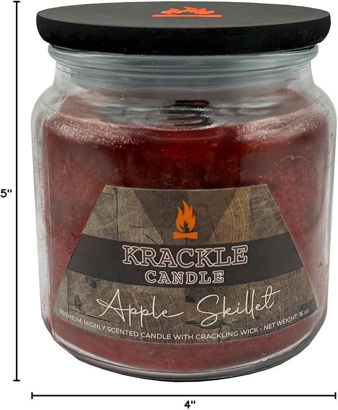 Krackle Apple Skillet Scented Candle | 16oz Jar | Long Burn | Apple, Cinnamon, Nutmeg & Brown Sugar | Wooden Krackle Wick | Cozy Fall Candle for Home or Gifting