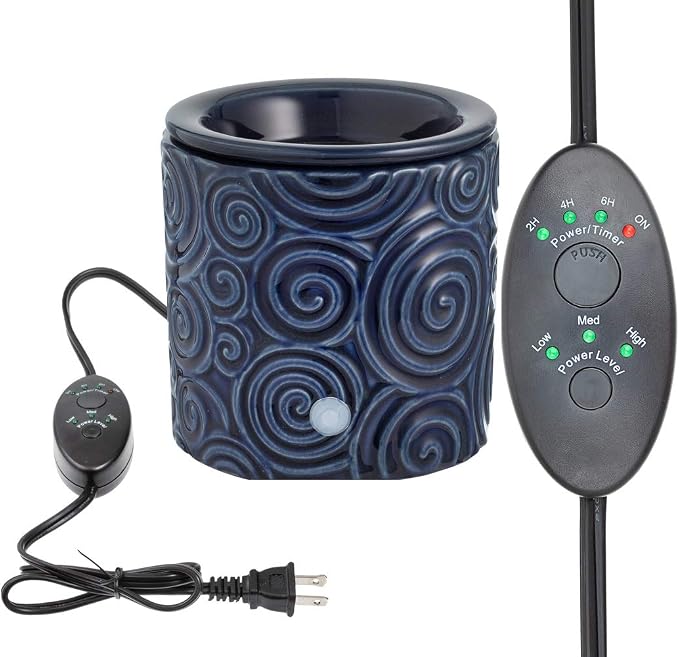 Blue Swirl Ceramic Candle Warmer Electric with Safety Timer | Automatic Plug in Fragrance Warmer for Scented Wax Melts, Cubes, Tarts | Air Freshener Set for Home Décor, Office, and Gifts