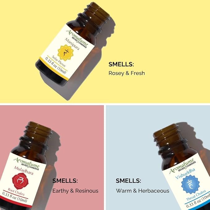 Solar Plexus Chakra, Root Chakra, Throat Chakra Essential Oil Diffuser Blends by Aromafume | 3 x 10ml/0.33 fl oz| Aromatherapy Oils for Chakra Balance | Chakra Incense for Meditation, Yoga, Reiki