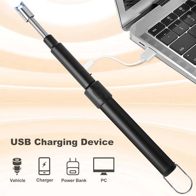 Candle Arc Lighters Long Flexible Neck 70cm Rechargeable Telescopic Electric Flameless Lighter for Kitchen Fireplace Pilot Light BBQ Stove (Black)