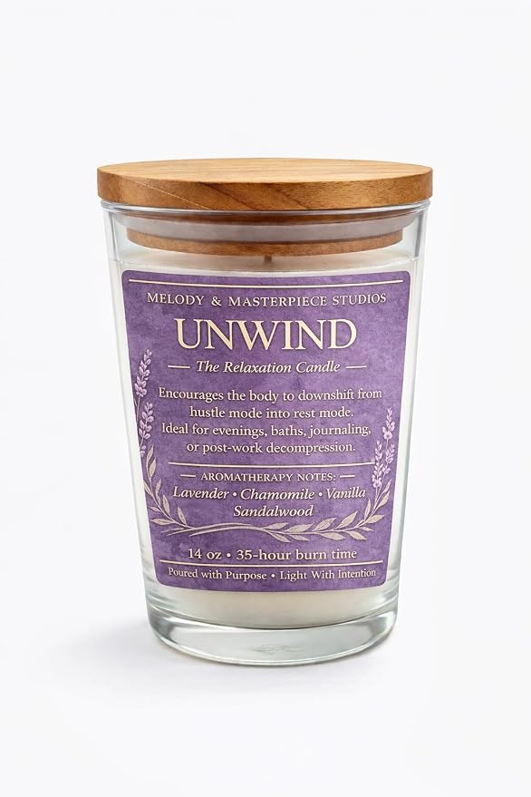 Melody & Masterpiece Studios Scented Candle Jar (14 oz) Natural Soy Wax Candle Jar Long Lasting 35 Hours Burn Time – Ideal for Backyard, Patio, Decks & Indoor (Unwind).
