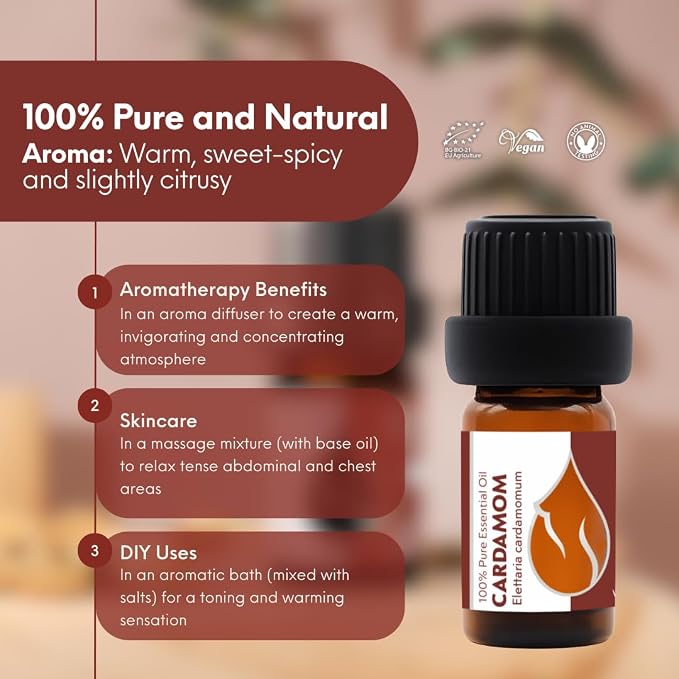 Essences Bulgaria Cardamom Essential Oil 5ml (0.17 Fl Oz) | Elettaria cardamomum | 100% Pure, Natural, Undiluted | Aromatherapy, Cosmetics | Vegan, Non-GMO, Cruelty-Free