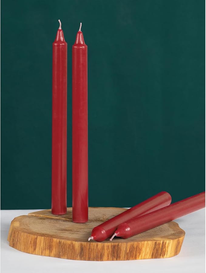 CANDWAX Red Taper Candles Pack of 4 - Slow Burning Dripless Unscented Straight Candles 10 inch - Ideal for Dinner Table - Smokeless Long Candlesticks