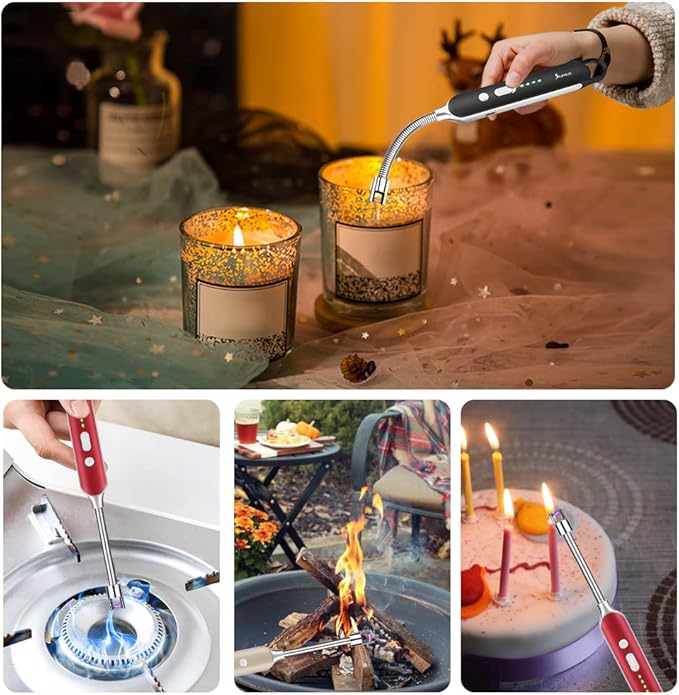 SUPRUS Electric Rechargeable Arc Lighter with LED Battery Display Long Flexible Neck USB Lighter for Candle Cooking (Champagne)