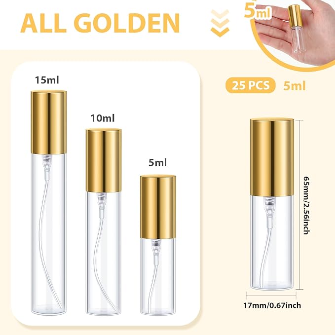 Yinder 25 Pcs 5ml Travel Spray Bottle Refillable Perfume Atomizer Bulk Glass Mini Cologne Perfume Bottles Empty Fine Mist Portable Small Sample Containers(Gold)