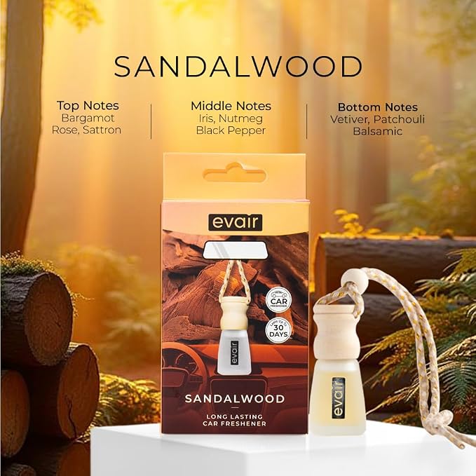Evair Sandalwood Scent Car Air Freshener | Hanging Car Diffuser - Long Lasting Air Freshener -Fragrance from Essential Oil