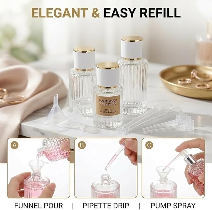 50ml Empty Perfume Spray Bottles, 3 Pack Ribbed Glass Atomizer Bottle Refillable Portable Glass Atomizers with Funnel and Dropper, Fine Mist Spray for Women Men Dispenser Fragrance Container Set