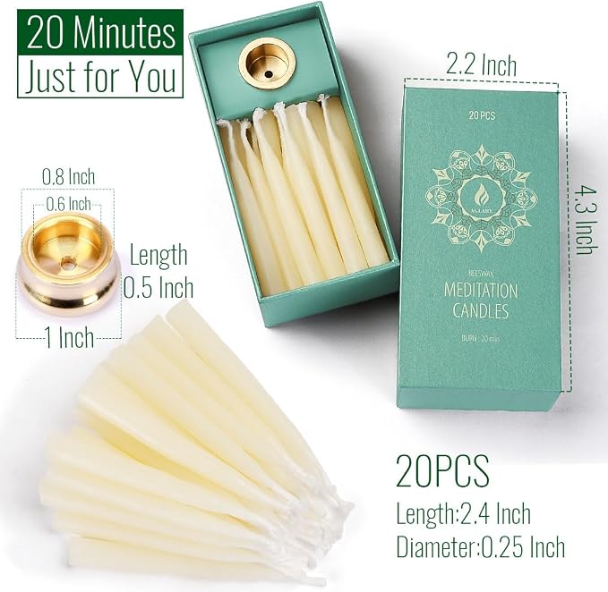 20-Minute White Pure Beeswax Candles, Dripless Meditation Candles, Mini Taper Candles with Brass Candle Holders, Set of 20