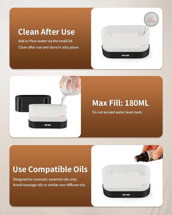 Flame Effect Essential Oil Diffuser, Ultrasonic Aromatherapy Humidifier, Upgraded 7 Color Changing Lights with Ultra Quiet, Auto Shut-Off for Bedroom Home Office Yoga & Gift (180mL, Black)