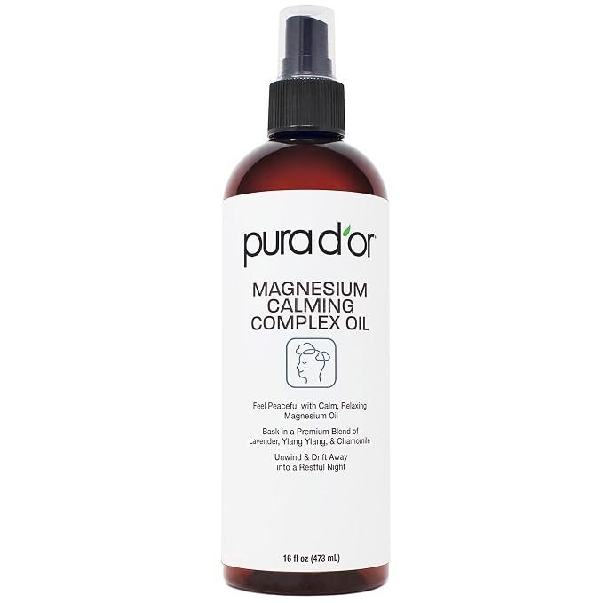 PURA D'OR Magnesium Calming Complex Oil Spray, 16 Oz, Topical Magnesium Chloride Mist with Aloe Vera, Lavender, Chamomile, Ylang Ylang, Lightweight Water-Based Body Care Formula, Vegan, Non-Greasy