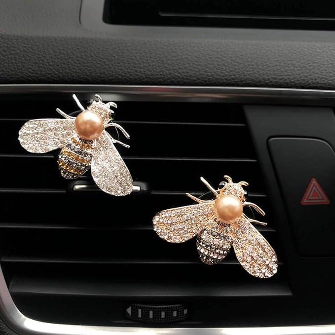 Bling Bee Crystal Car Air Fresheners - Rhinestone Diffuser Vent Clip Charms - Cute Car Decor for Women (Golden)